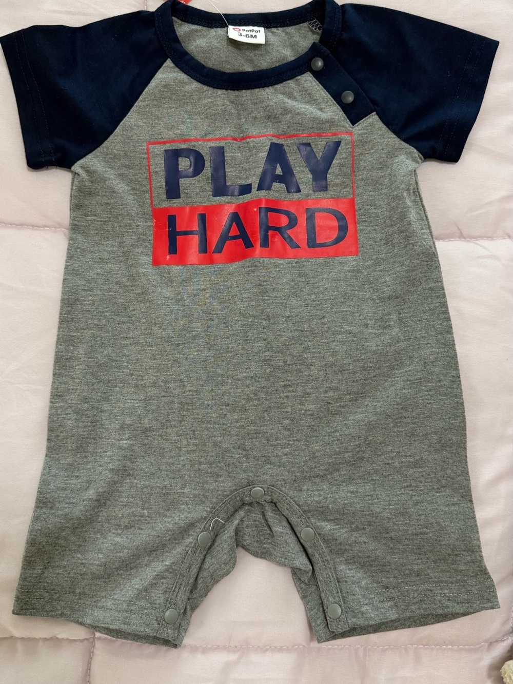 PatPat Grey Navy Red "PLAY HARD" Short Sleeve Baby Romper